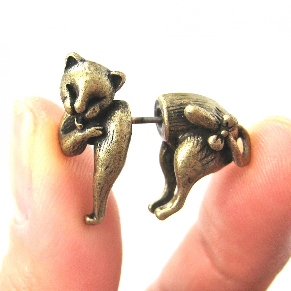 Cute Fake Gauge Kitty Cat Cute Animal 3D Plug Stud Earrings In Bronze