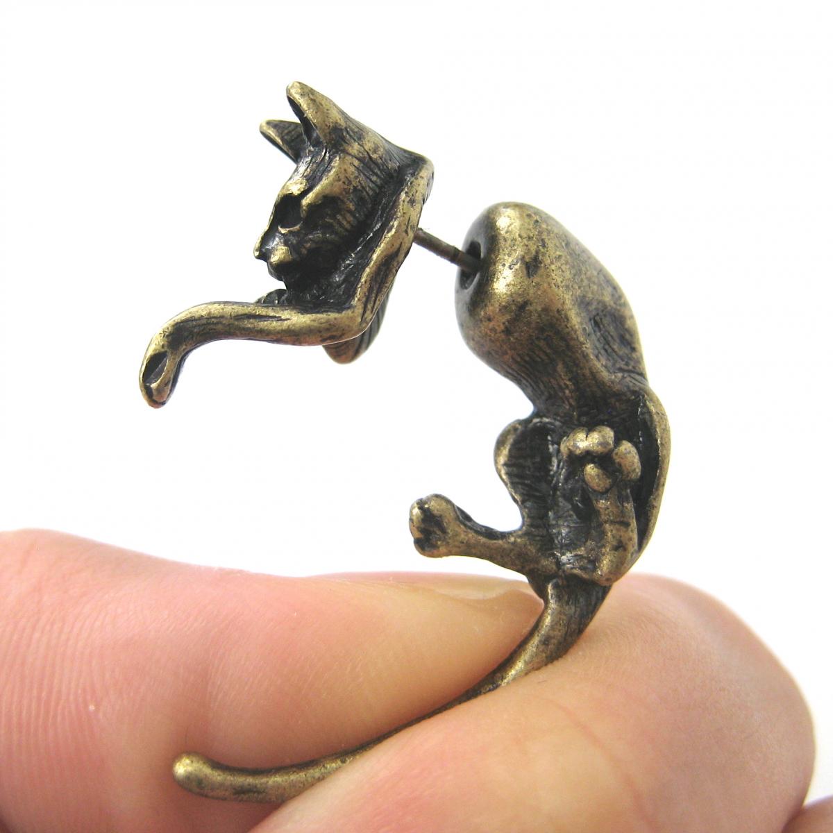 Kitty Cat Animal Pet Fake Gauge Piercing 3D Plug Stud Earrings In Bronze