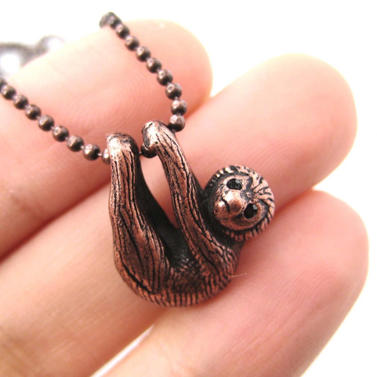 Realistic Baby Sloth Animal Charm Necklace In Copper