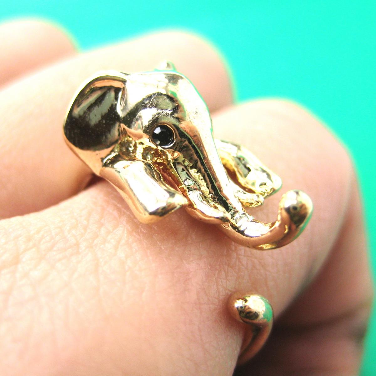 Realistic Elephant Animal Wrap Around Hug Ring In SHINY Gold Sizes 5 To 13