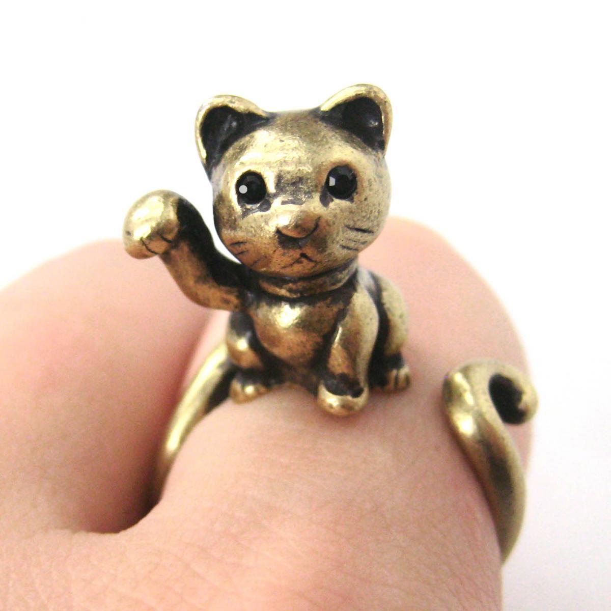 Realistic Fortune Kitty Cat Animal Wrap Ring In Brass - Sizes 4 To 9 Available