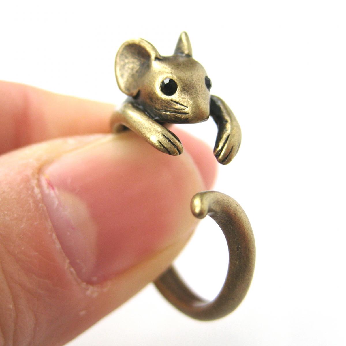 Realistic Mouse Animal Wrap Around Hug Ring In Brass - Sizes 4 To 9
