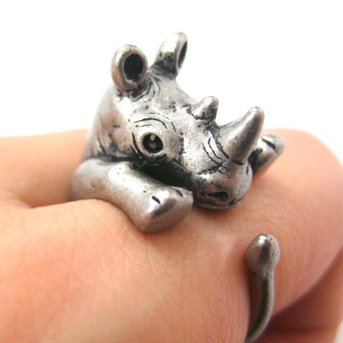 Realistic Rhinoceros Rhino Animal Wrap Ring In Silver - Sizes 5 To 10 Available