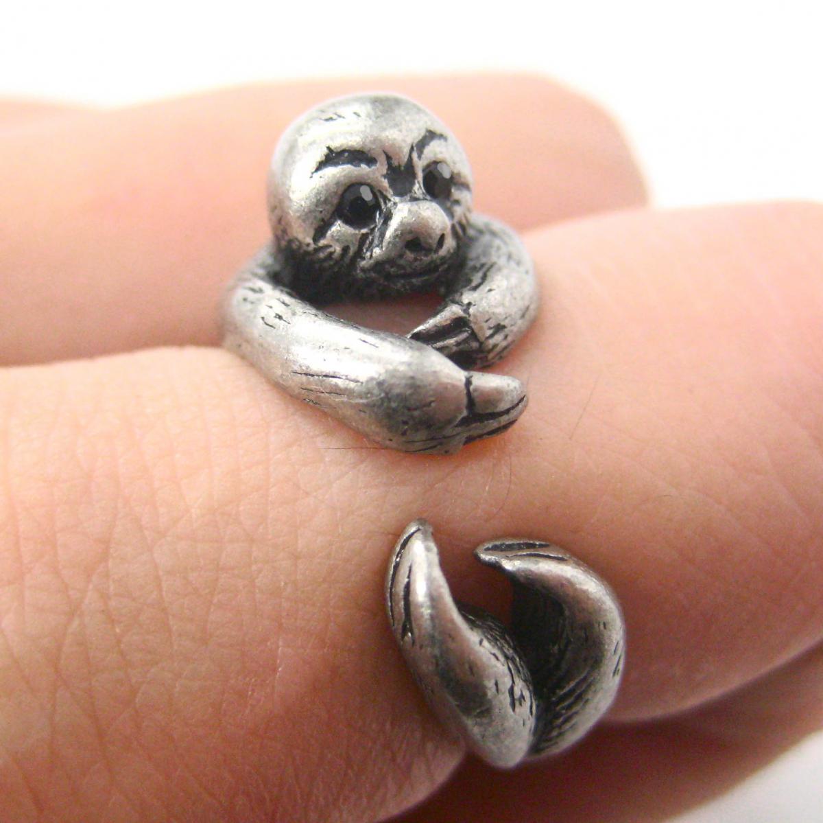 Realistic Sloth Animal Wrap Around Hug Ring In Silver - Sizes 5 To 10 Available