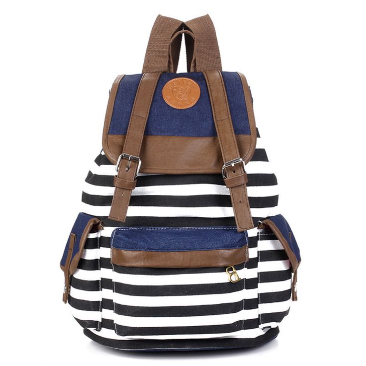 Canvas Horizontal Stripes School Student Girl Backpack