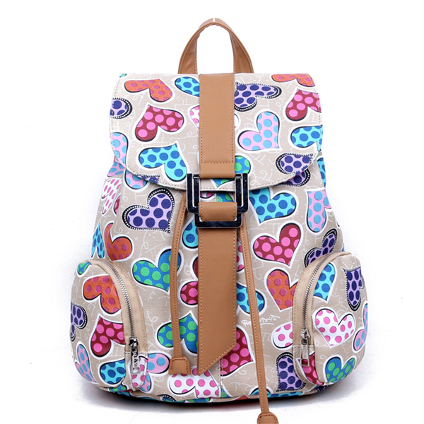Women's Full Multicolour Hearts Print PU School Bag Travel Backpack 042314