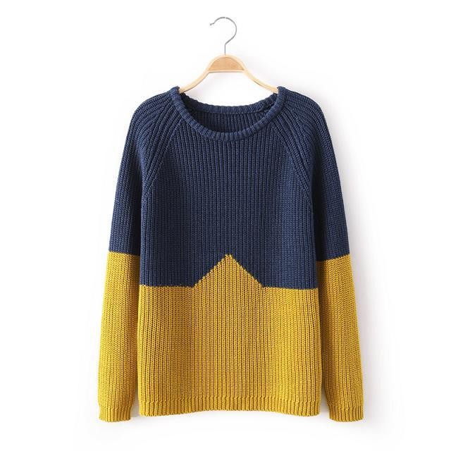 Autumn 2014 Woman's Sweater European-style Fashion Contast Color Long Sleeve Render Sweater Knitted Pullovers Sweater