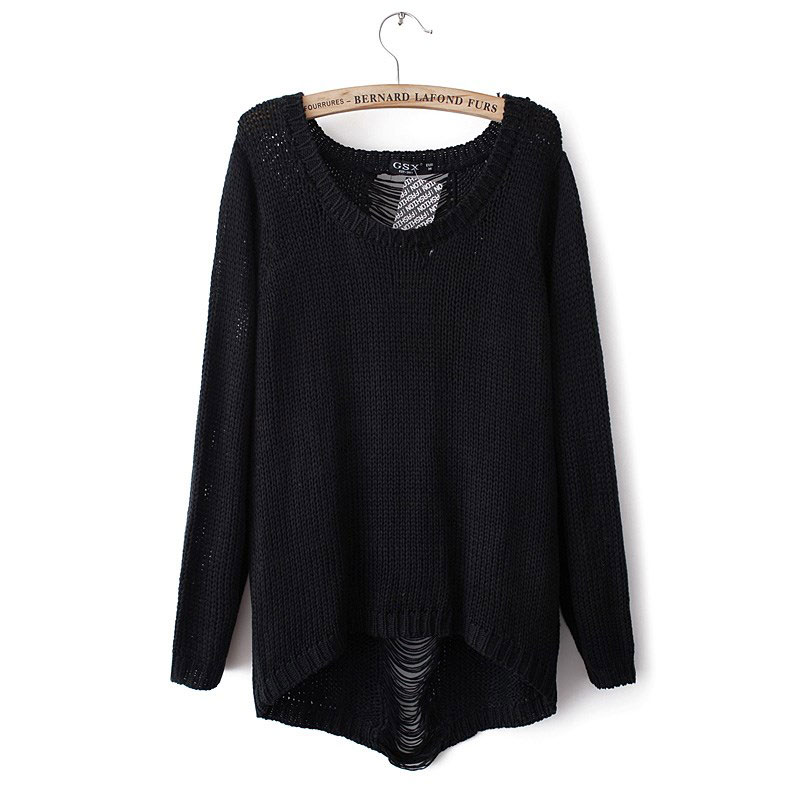 Knitted Scoop Neck Sweater Featuring Distressing Detailing and High Low Hem