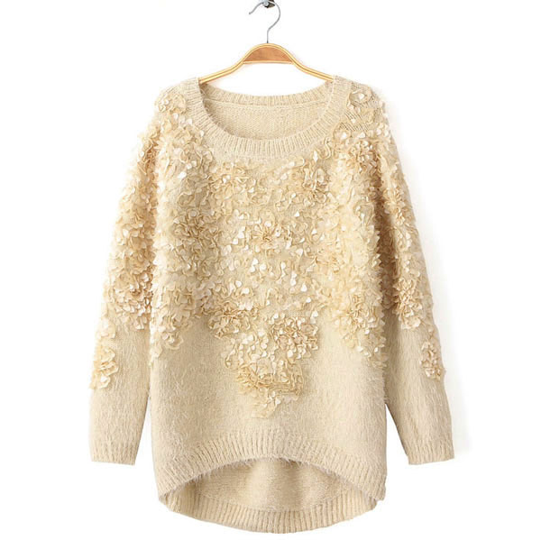 Fashion Cream Decorative Flower Sweater