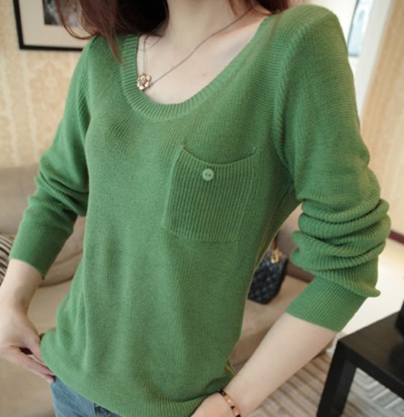 New 2014 Autumn All-Match Gentle Pocket Knitted Basic Shirt Female Slim Long-Sleeve Tops Women Sweater