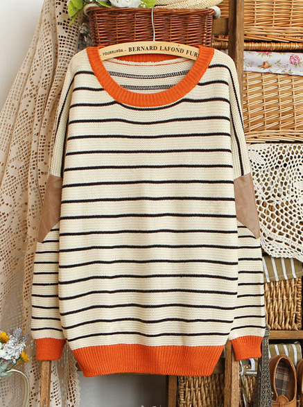 Bat Sleeve Matching Color Round Neck Loose Striped Sweater