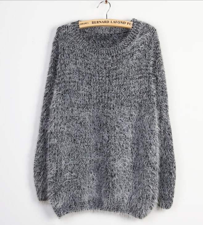 Grey Loose Fitting Long Sleeved Mohair Wool Sweater