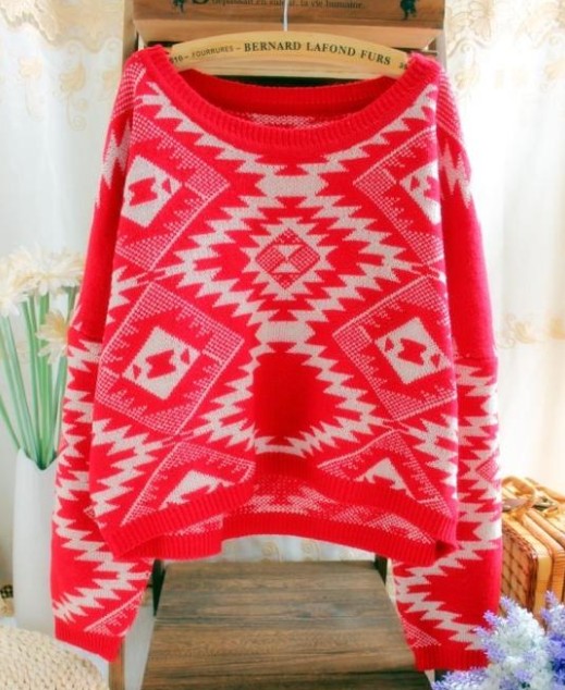 Red Retro Pullovers Bat Sleeve Sweater