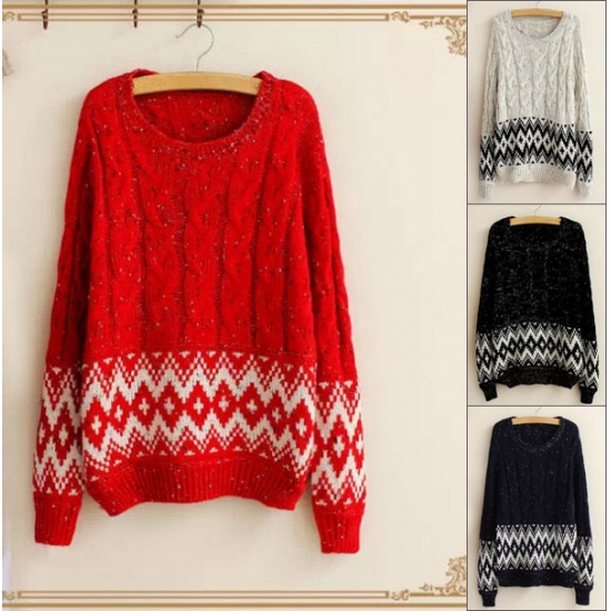 High Quality Women'S Rhombus Print Long Sleeves Pullover Round Neck Loose Knitting Sweater 