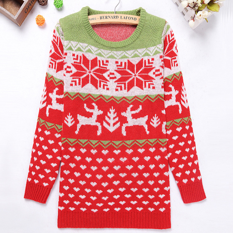 Cute Animal Reindeer Snowflake Round Neck Christmas Color Red Vintage Preppylook Knitted Sweater Pullover As Women's Fashion Christmas Gift