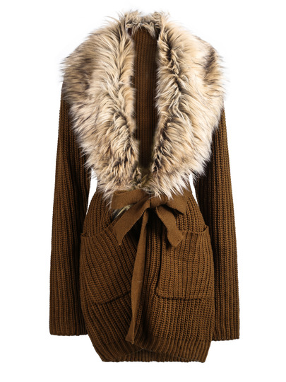 Fashion wear Khaki Long Sleeve Faux Fur Lapel Cardigan Sweater