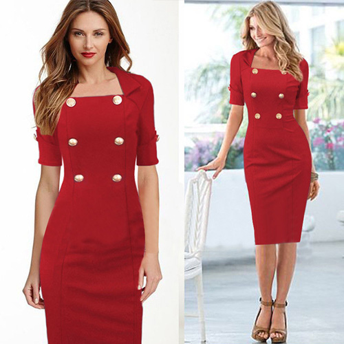 Sexy Fashion Solid Color Double-Breasted Half Sleeve Dress 