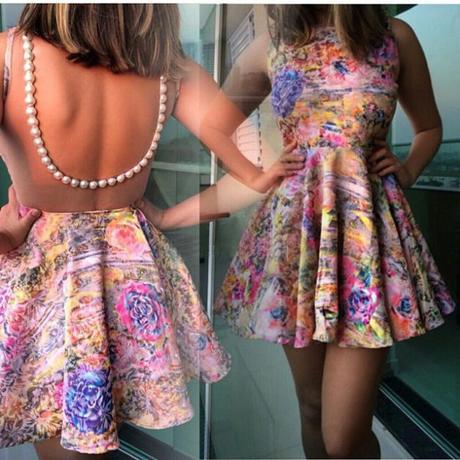 2015 New fashion summer Printed Back Hollow Beaded Sleeveless Dress