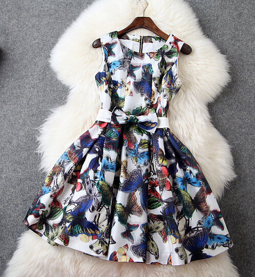 2015 New summer Fashion Organza Slim Butterfly Print Dress