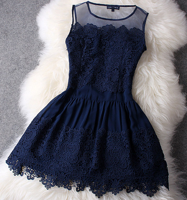 2015 summer fall Sexy Dark Blue Lace Dress 
