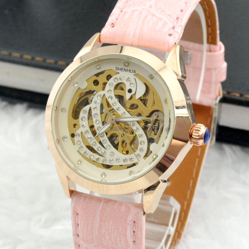 Pink Crystal Decorated Swan Print Round Analog Automatic Wind Watch With Rose Gold Stainless Steel Case Faux Leather Strap