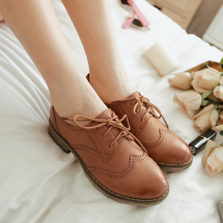 Lace-Up Leather Oxfords with Brogue Detail