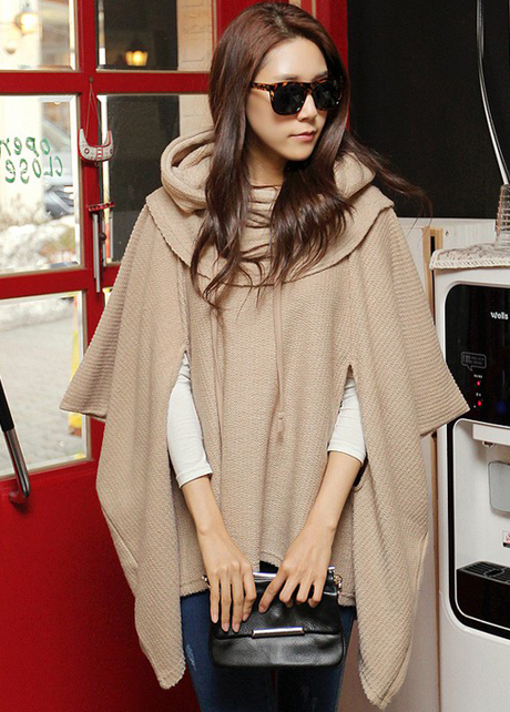 Fashion Loose Unicolor Hooded Shawl Sweater For Woman