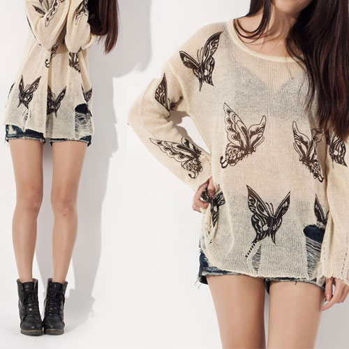 Hot sale Punk Style Loose Fitting Frayed Butterfly Print Shirt - Apricot for women