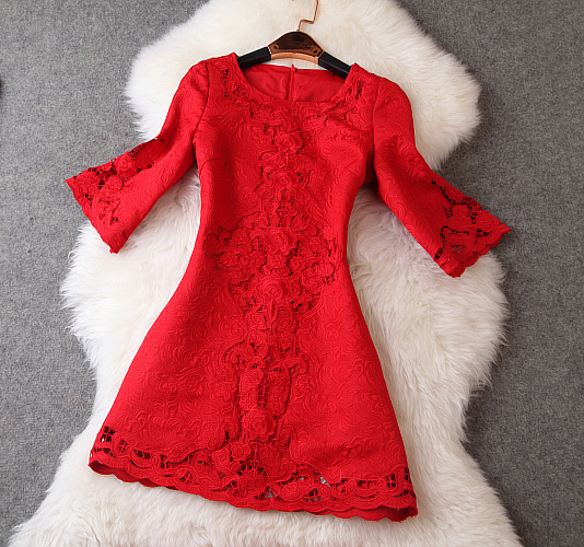 Embroidered Crochet Short Dress In Red
