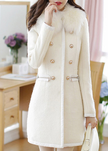 Sweet White Long Sleeve Double Breasted Closure Winter Coat