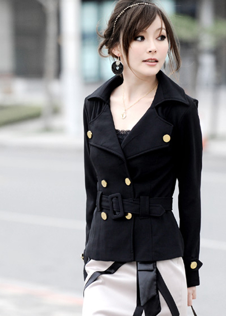 2015 Beautiful Double Breasted Black Cotton Spring Coat
