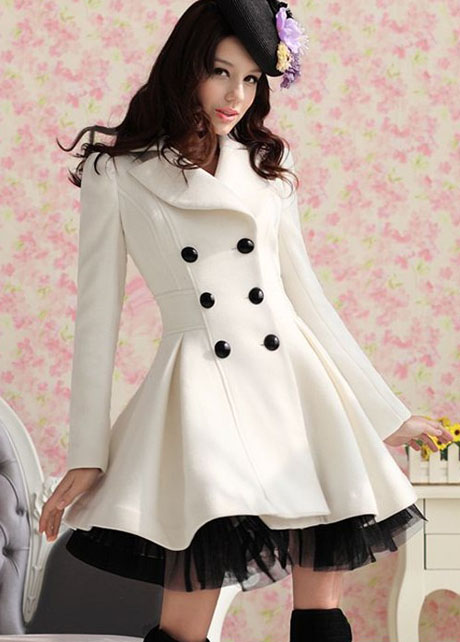 2015 Beautiful Elegant White Double Breasted Long Coat