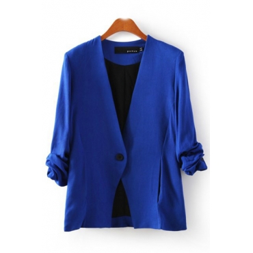 New Style Ruffled Sleeves Single Buckle Designed Solid Blue Cotton Blend Blazer
