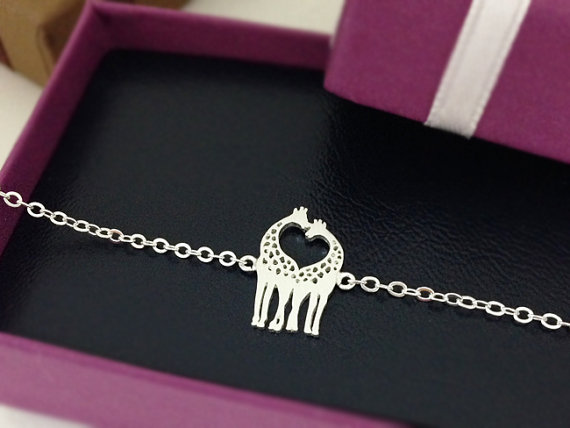 small Two Giraffes In Love Bracelet Giraffe Couple Bracelet In Silver Loving Giraffes Animal Jewelry