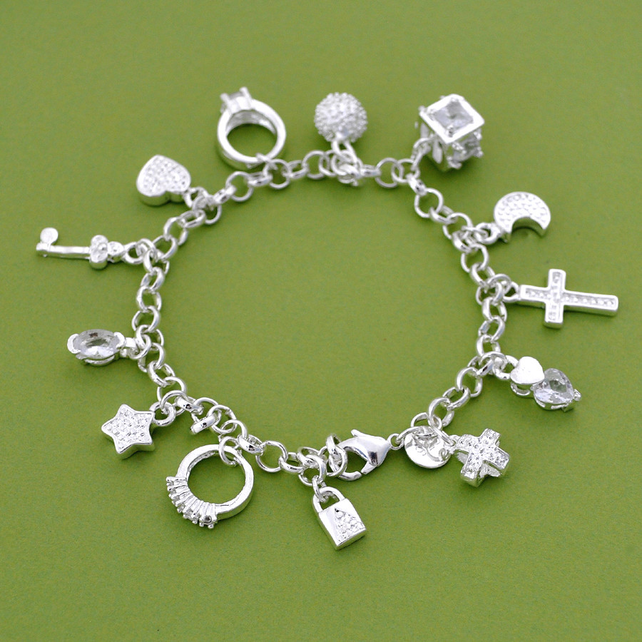 2015 christmas Silver Charm Bracelet, Cross, Ring, Star, Key, Moon, Lock, Ball, Silver Charm Jewelry