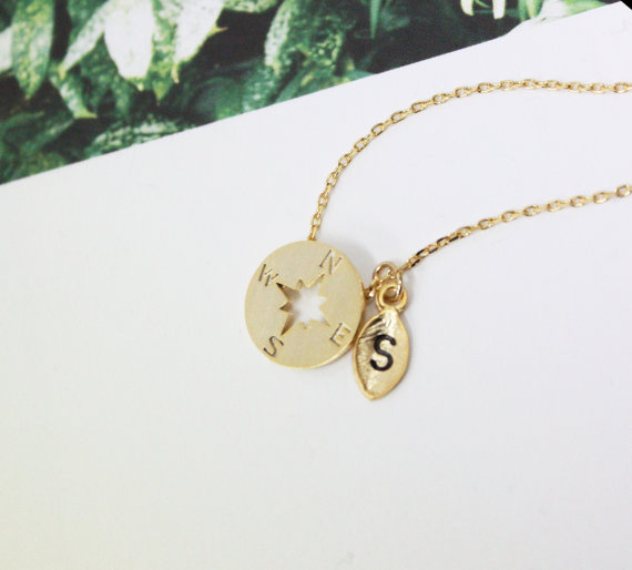 Personalized Compass Necklace Gold with Initial Engraved Leaf Nautical Jewellery