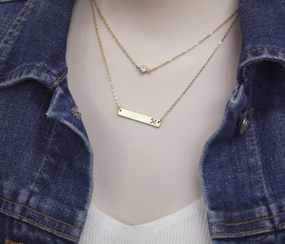 Personalized Double Layered Tiny Dot Bar Necklace Initial Bar Necklace Personalized Necklace Hand Stamped Initial Necklace