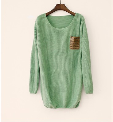 Light Green Patchwork Leather Alphabet Pocket Sweater