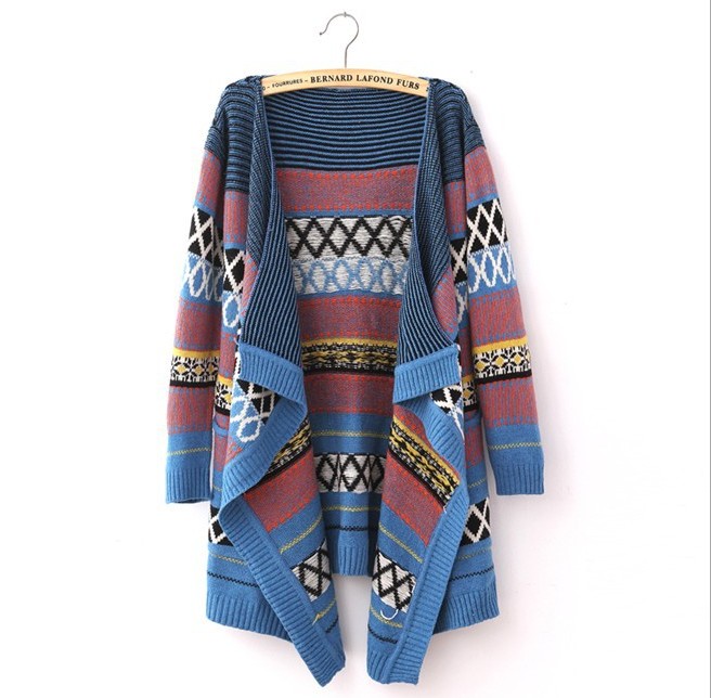 Folk Style Color Stripe Irregular Cape Cardigan Sweater