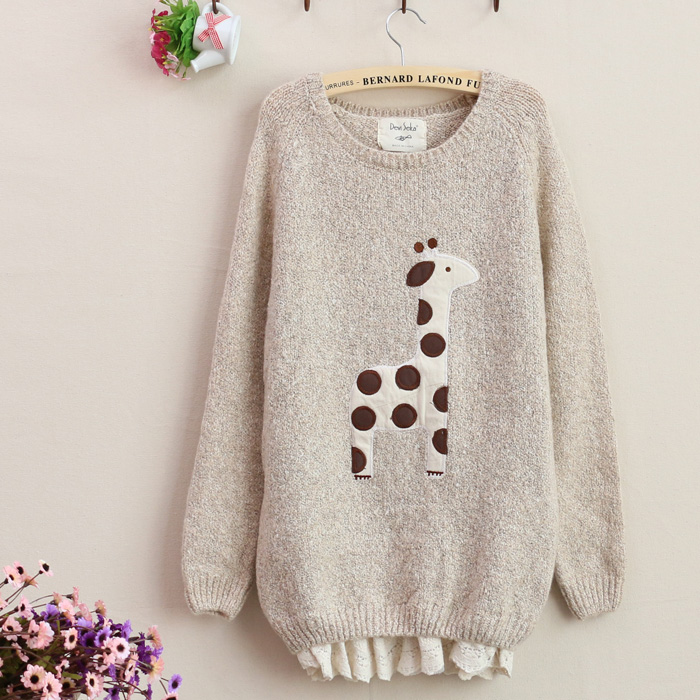 2015 Winter Style Japanese Mori Girl Clean Giraffe Stickers Brulee Silk Loose Long Sleeve Sweater