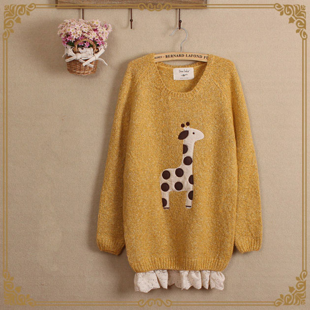 Cute Giraffe Stickers Brulee Silk Loose Long Sleeve Sweater