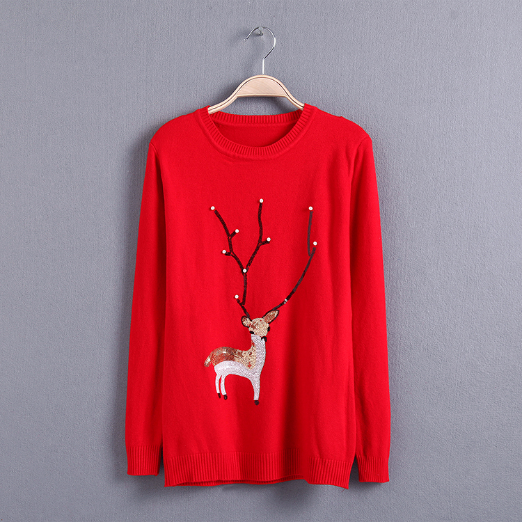 Long Sleeve Sweater Featuring Embroidered Reindeer with Sequins - White, Grey, Red, Yellow, Navy blue
