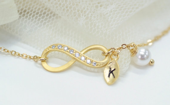Gold Infinity Bracelet Initial Bracelet With Swarovski Pearl Bridesmaid Gift Friendship Jewelry Elegant Bracelet Personalized
