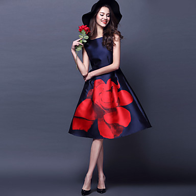 2016 new fashion Women's Red Flower Vintage Swing Midi Dress