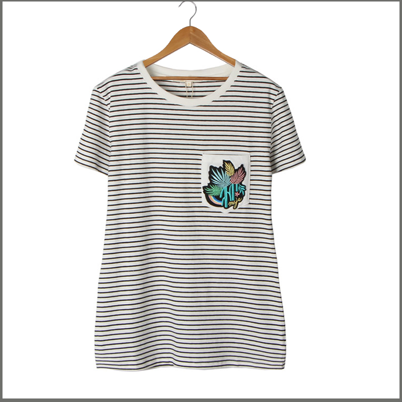 2016 European style striped pocket cactus embroidered women's short-sleeved T-shirt