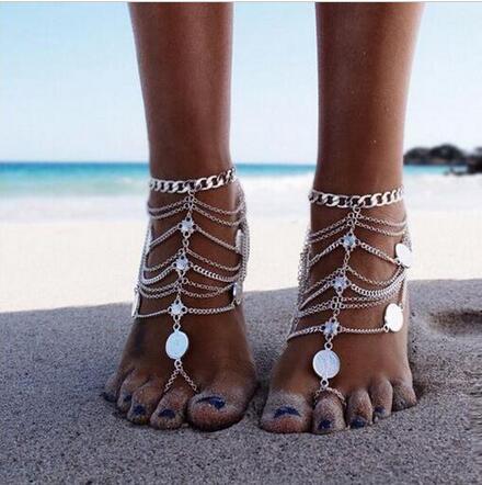 2016 Woman Fashion Summer Sexy Silver Tassel Anklet Coin Pendant Chain Ankle Bracelet Foot Jewelry Barefoot Sandal