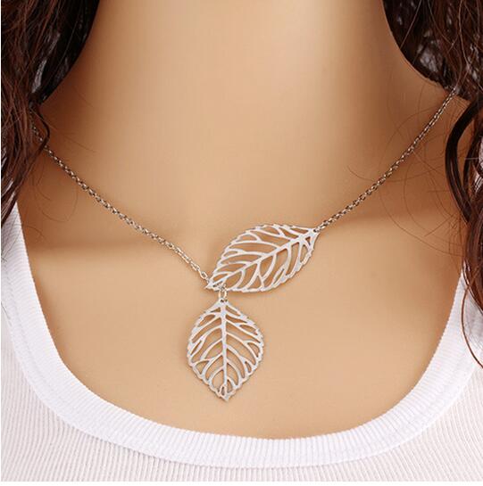 Woman Gold Sliver Two Leaf Pendants multi layer necklace