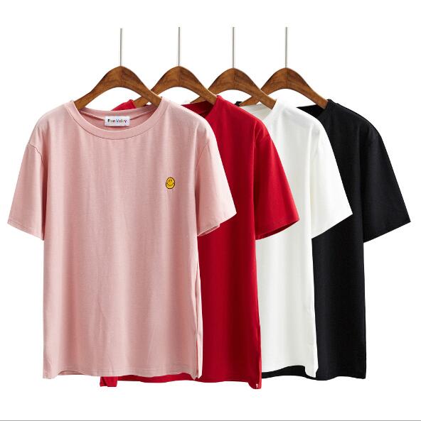 Women Summer Cute Smiling Face Embroidery Short Sleeve T-shirt on Luulla