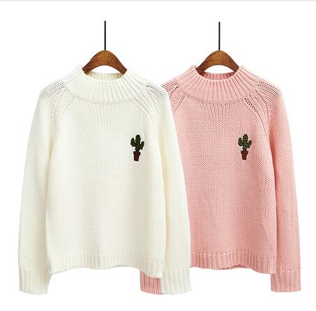 Knitted Turtleneck Pullover / Sweater with Cactus Embroidery - White / Pink