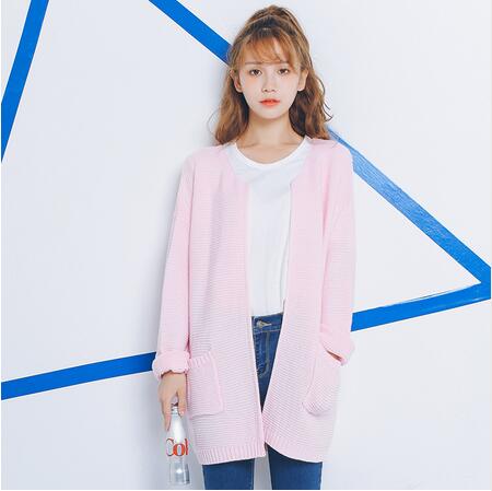 Round Neck Knitted Long Sleeve Cardigan Sweater with Pockets - White, Pink, Blue 